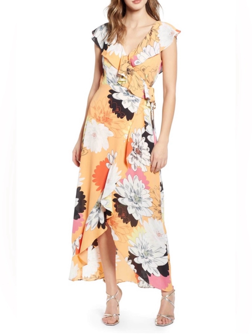 Leith Floral Ruffle Wrap High Low Midi Dress Yellow Garden Party Vacation size M